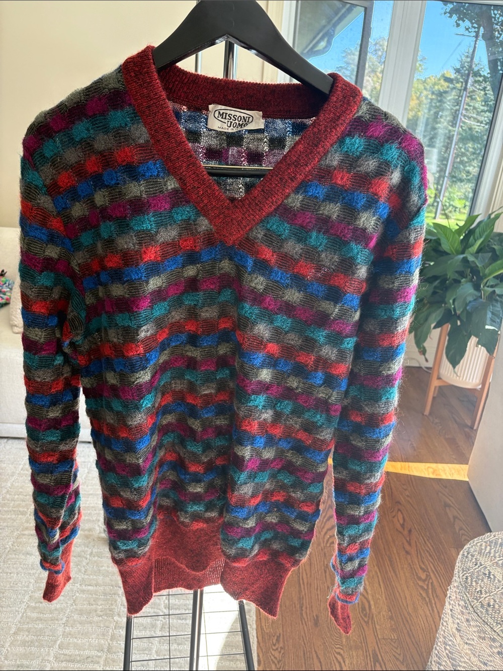 Missoni Multicolor Striped V-Neck Sweater with Red Trim